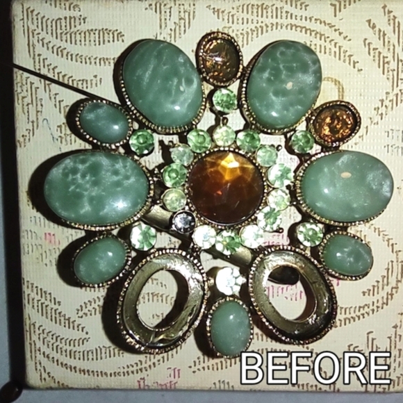 Green Stone & Amber + Cameo Brooch/Clip - Picture 9 of 10